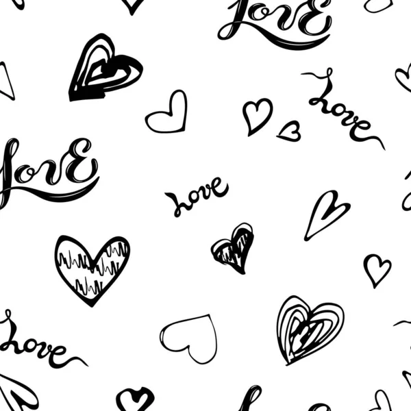 手書きの言葉でシームレスなパターン愛 手描きのスタイルの心 テキスタイルや生地のためのベクトルイラスト Happy Valentine Day — ストックベクタ