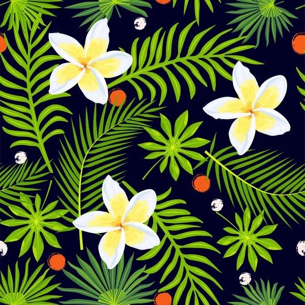 Selva Folhas Tropicais Plumeria Flor Sem Costura Padrão Ilustração Vetorial — Vetor de Stock