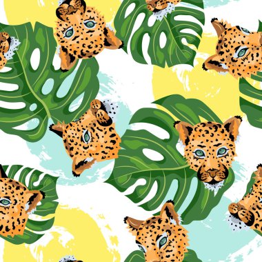 Leoparlar, tropik canavar yaprakları ve el yapımı mermilerle kusursuz desenler. Vektör illüstrasyonu.