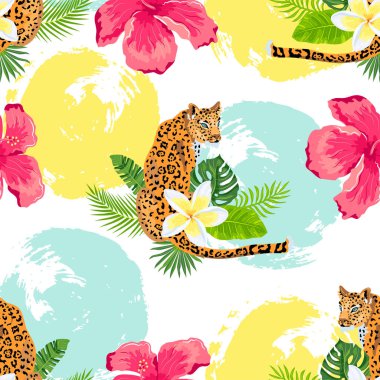 Leoparlar, tropik yapraklar ve çiçeklerle kusursuz desenler, el yapımı mermiler. Vektör illüstrasyonu.
