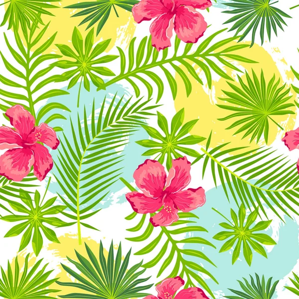 Tropikalne Liście Egzotyczne Kwiaty Hibiskusa Ręcznie Rysowane Plamy Stylu Płynny — Wektor stockowy