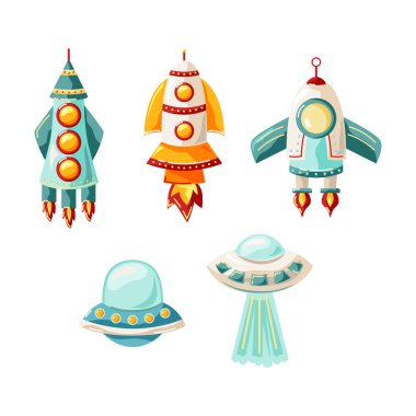 Roketler ve uzay gemileri ayarlandı. Beyaz arkaplanda vektör çizimi izole edildi. Düz biçim tasarımı.