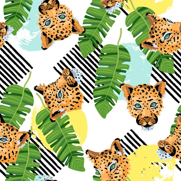 Bezproblémový Vzor Leopardy Tropickými Listy Ručně Kreslenými Koly Pruhy Vektorová — Stockový vektor
