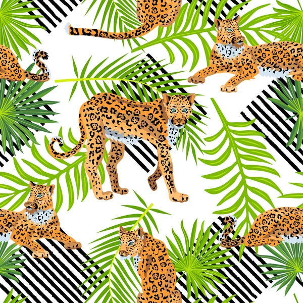 Seamless pattern with leopards, tropical palm leaves and hand drawn style stripes. Vector illustration.