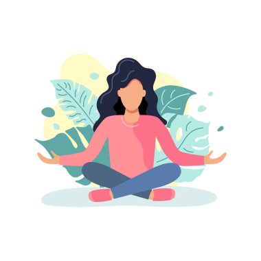 Kadın meditasyon pozunda oturuyor. Rahatlamak, dinlenmek, yoga yapmak için harika. Denge konseptini koru. Düz stil tasarım. Vektör illüstrasyonu beyaz arkaplanda izole edildi.