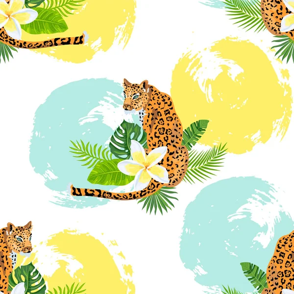 Seamless Pattern Leopards Tropical Leaves Plumeria Flower Hand Drawn Style — Stock Vector