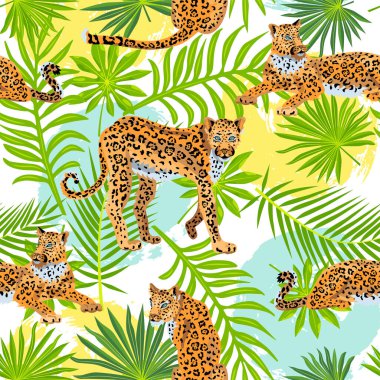 Leoparlar, tropikal yapraklar ve el yapımı mermilerle kusursuz desen. Vektör illüstrasyonu.