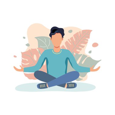 İnsan meditasyon pozisyonunda oturmaktadır. Rahatlamak, dinlenmek, yoga yapmak için harika. Denge konseptini koru. Düz stil tasarım. Vektör illüstrasyonu beyaz arkaplanda izole edildi.