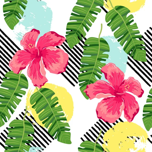 Folhas Exóticas Tropicais Flores Hibisco Com Borrões Estilo Desenhados Mão —  Vetores de Stock