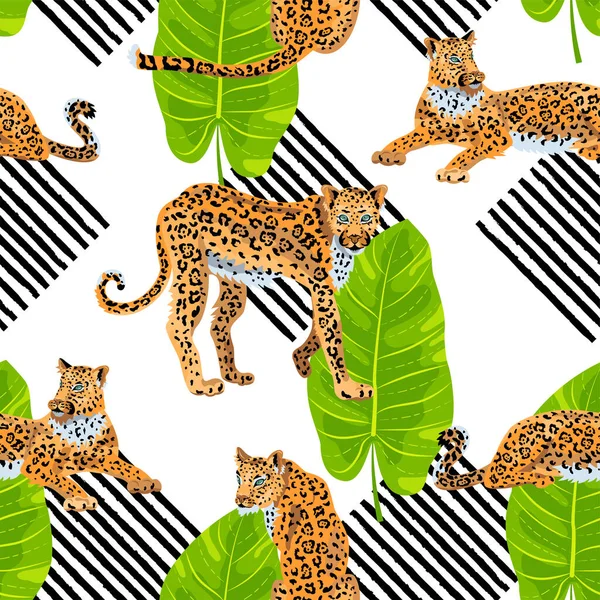 Seamless pattern with leopards, tropical leaves and hand drawn style stripes. Vector illustration.