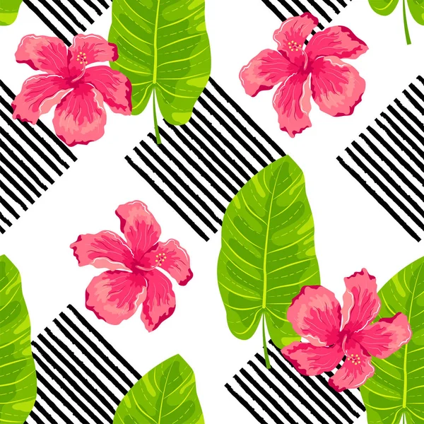 Folhas Exóticas Tropicais Flores Hibisco Com Listras Estilo Desenhadas Mão —  Vetores de Stock