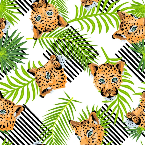 Bezešvé Vzory Leopardy Tropickými Palmovými Listy Ručně Kreslenými Pruhy Vektorová — Stockový vektor