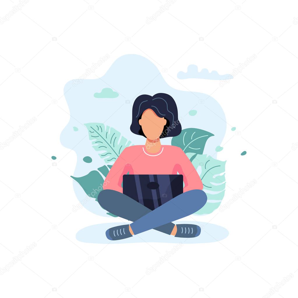 Female is sitting and working on laptop. Freelance or studying concept. Flat cartoon style design. Vector illustration isolated on white background.