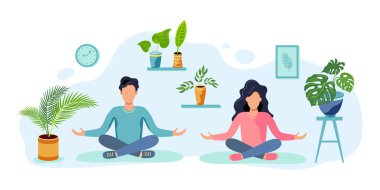 Bir kadın ve bir erkek evde meditasyon pozisyonunda oturuyorlar. Evde bahçe işleri, ev bitkisi konsepti. Düz çizgi film stili tasarım vektör çizimi.