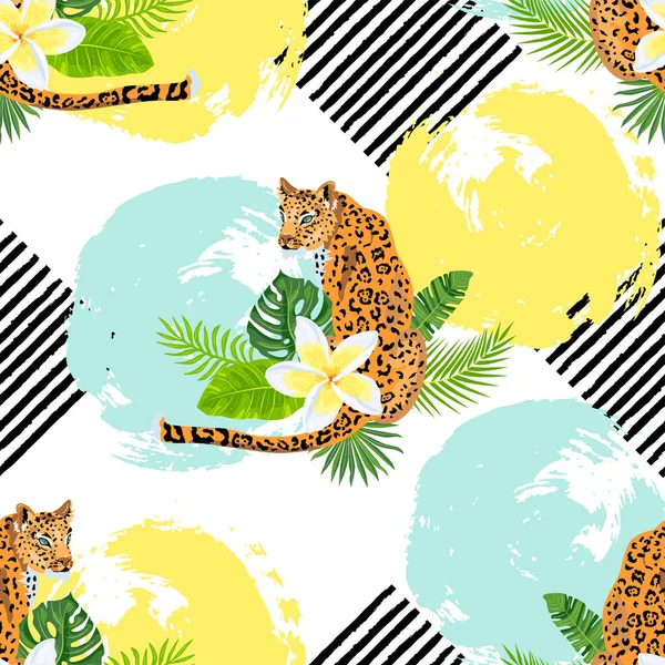 Seamless pattern with leopards, tropical leaves and plumeria flower, hand drawn style rounds and stripes. Vector illustration.
