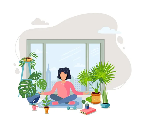 Eine Frau Sitzt Meditativer Pose Grünen Haus Fenster Hausgarten Großstadtdschungel — Stockvektor