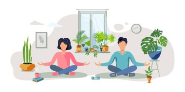 Bir erkek ve bir kadın yeşil evde meditasyon pozisyonunda oturuyorlar. Evde bahçe işleri, şehir ormanları, ev bitkisi konsepti. Dengeli ve sağlıklı bir yaşam tarzı. Düz çizgi film stili tasarım vektör çizimi.