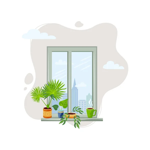 Fönster Med Exotiska Krukväxter Trädgårdsskötsel Stadsdjungel Huskoncept Perfekt För Interiör — Stock vektor