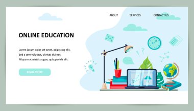 Evde öğrenim, online eğitim konsepti. Bilgisayarlı arkaplan, lamba, küre, kitap. Mesaj için yer. Düz çizgi film tasarımı. Vektör illüstrasyonu.