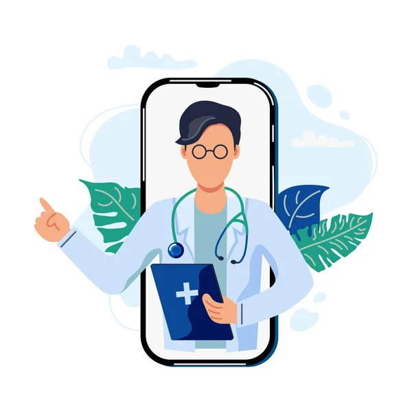 Tele tıp, çevrimiçi doktor ve tıbbi danışma konsepti. Doktor cep telefonu kullanan bir hastaya yardım eder. Düz çizgi film biçimi vektör çizimi.