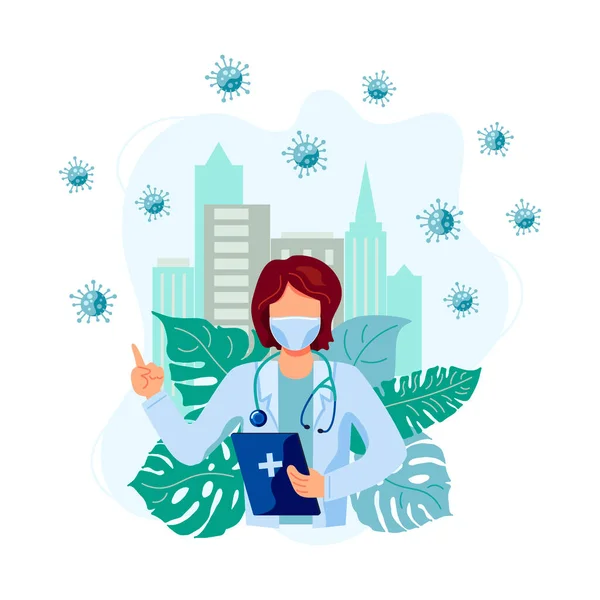 Doctora Está Usando Mascarilla Concepto Virus Corona Ilustración Vectorial — Vector de stock