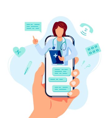Tele tıp, çevrimiçi doktor ve tıbbi danışma konsepti. Doktor cep telefonu kullanan bir hastaya yardım eder. Düz çizgi film biçimi vektör çizimi.