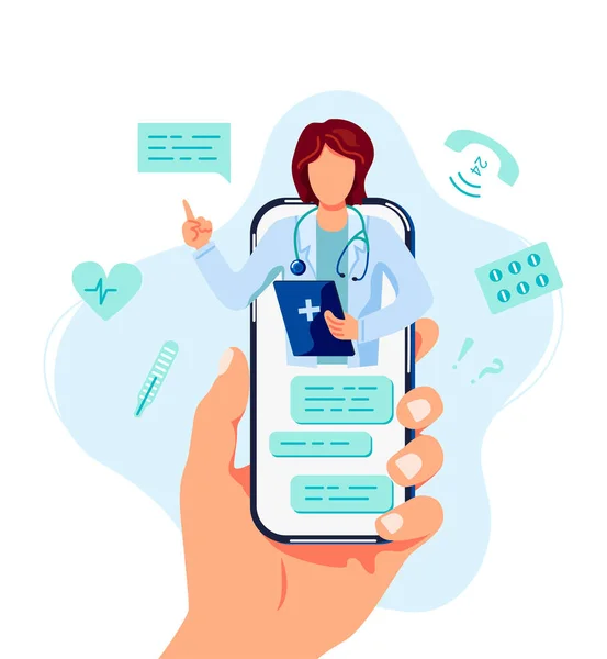 Tele tıp, çevrimiçi doktor ve tıbbi danışma konsepti. Doktor cep telefonu kullanan bir hastaya yardım eder. Düz çizgi film biçimi vektör çizimi.