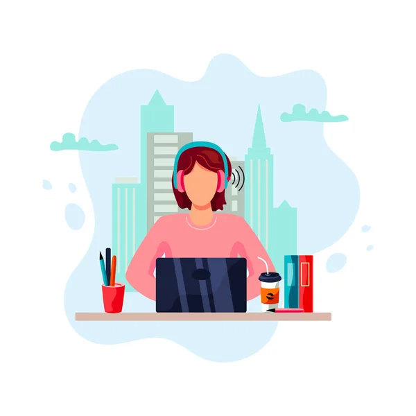 女性は都会の景色の背景に座ってノートパソコンで作業しています フラット漫画スタイルのデザイン ベクターイラスト — ストックベクタ