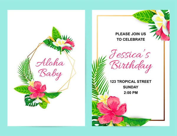 Invitations Tropical Flowers Jungle Leaves Vector Illustration Summer Templates Place — 스톡 벡터