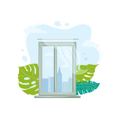 Şehir manzaralı pencere. İç mekan için harika. Vektör çizimi. Düz biçim tasarımı.