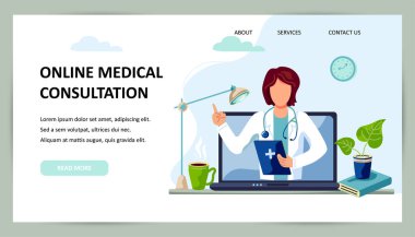 Tele tıp, çevrimiçi doktor ve tıbbi danışma konsepti. Kadın doktor dizüstü bilgisayardaki hastaya yardım ediyor. Mesaj için yer. Düz çizgi film biçimi vektör çizimi.
