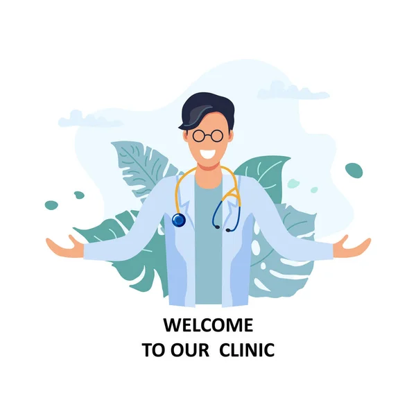 Sonriente Doctor Abre Las Manos Bienvenido Nuestra Clínica Diseño Plano — Vector de stock