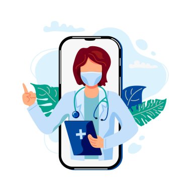 Tele tıp, çevrimiçi doktor ve tıbbi danışma konsepti. Kadın doktor bir hastaya cep telefonuyla yardım ediyor. Düz çizgi film biçimi vektör çizimi.