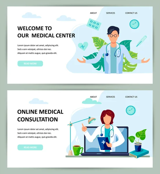 온라인 의학적 조언을 가손을 벌린다 의사가 환자를 사이트 디자인 스타일 — 스톡 벡터