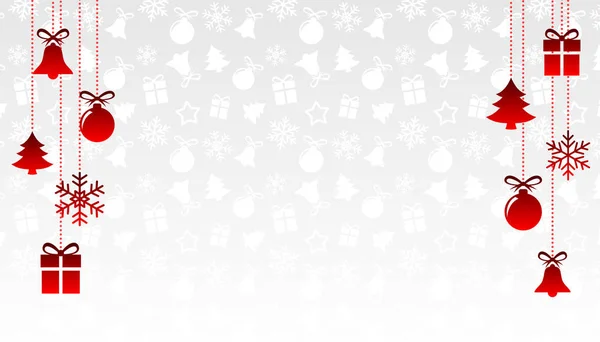 Boldog új évet, és a Merry Christmas háttér, üdvözlőlap banner függő dekoráció játékok — Stock Vector