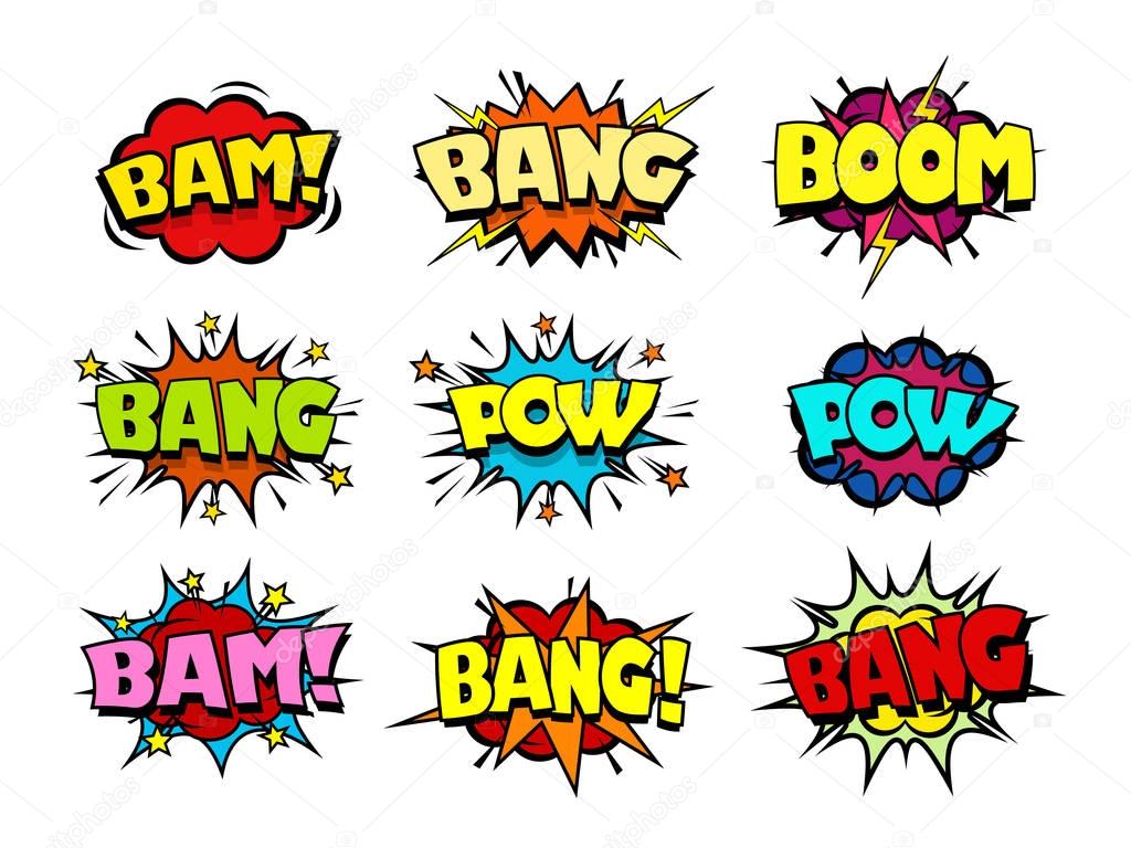 Comic book speech bubbles, crash and blast sounds