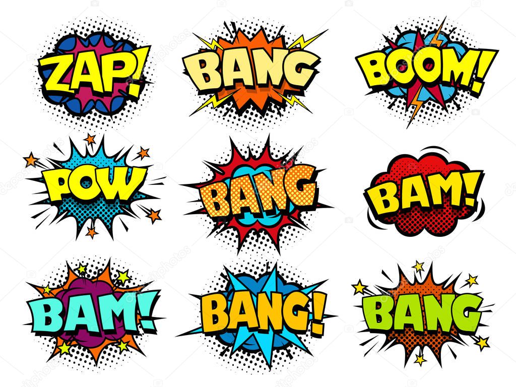 Comic book speech bubbles, crash and bang sounds