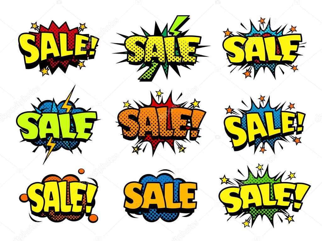 Sale label and icon set, vintage comic book style, halftone texture