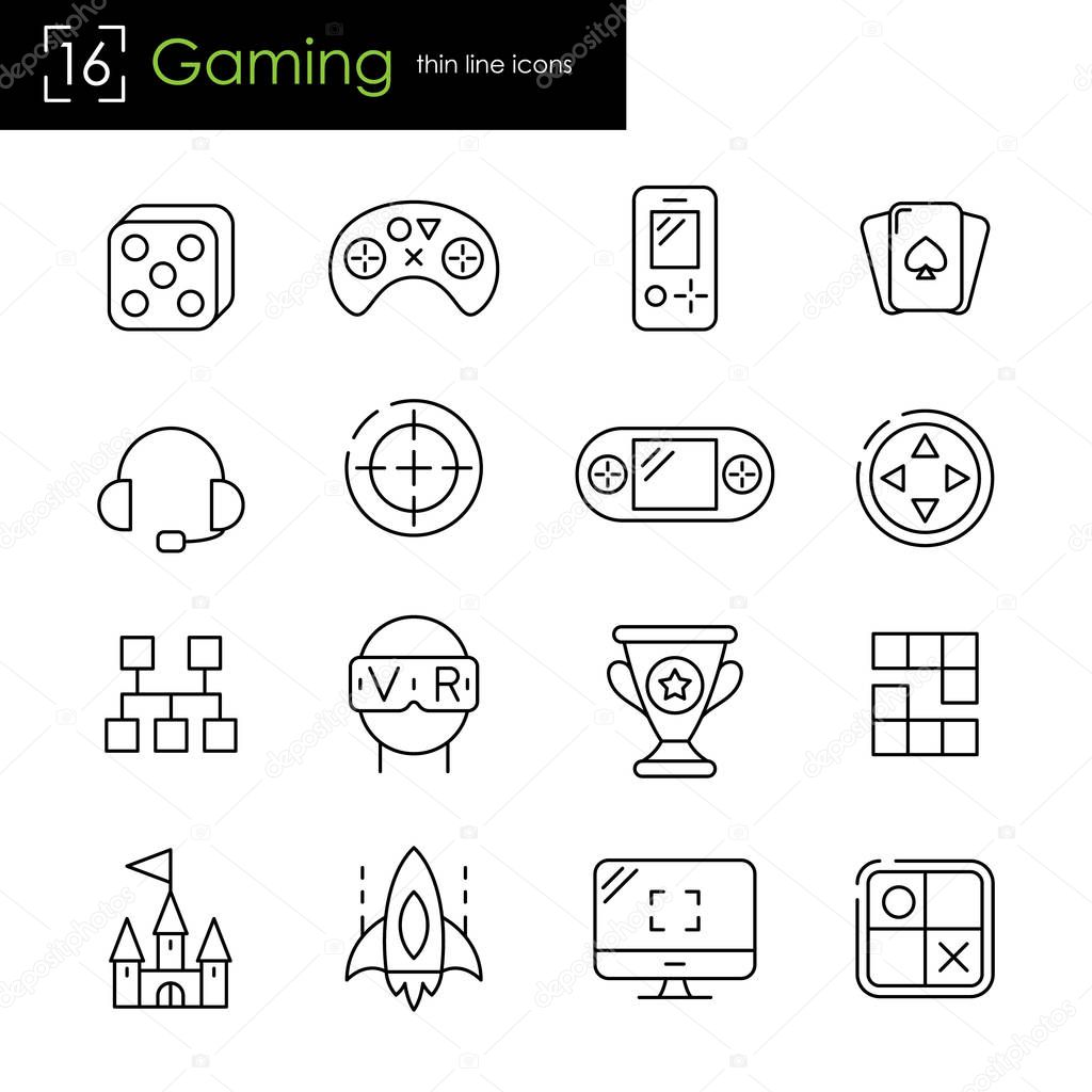 Gaming and video games related icons. Thin line stroke design