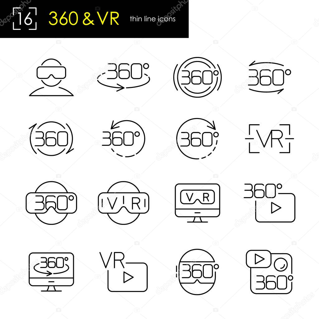 Virtual reality & 360 degrees panoramic view symbol icon set, thin line stroke style