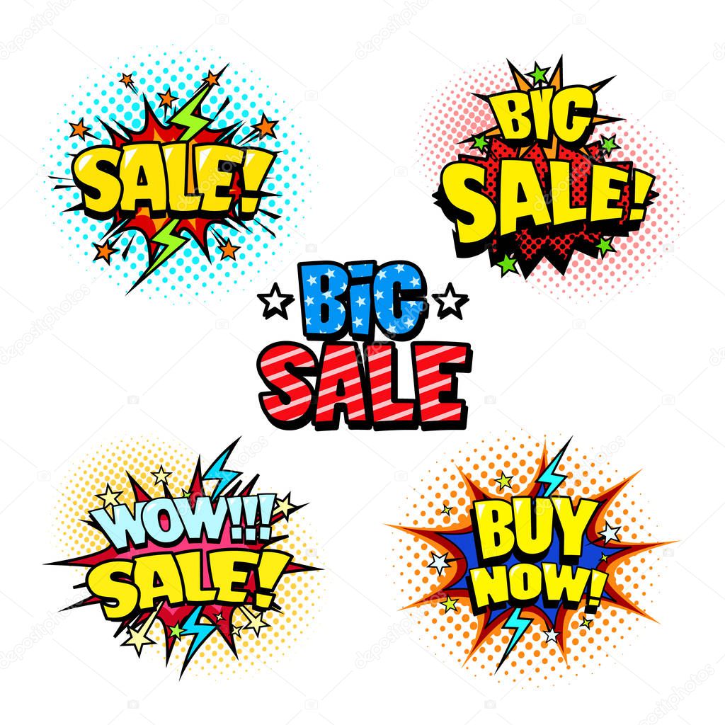 Sale & discount poster stickers, comic book cartoon style