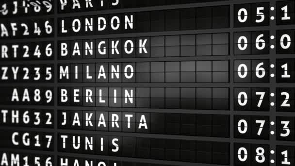 航班信息板动画与伦敦金融城的名字 — 图库视频影像