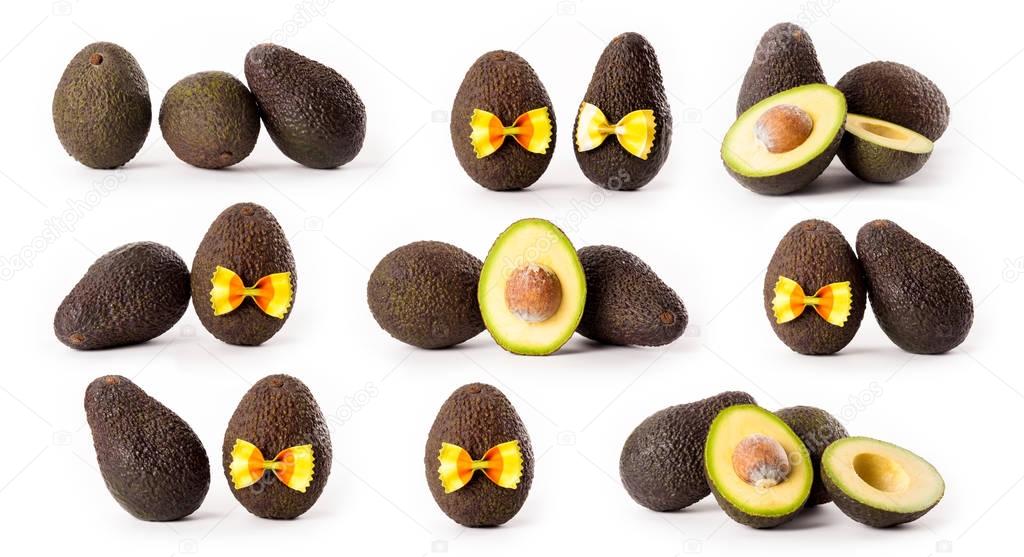 composite with Hass avocados isolated on white background.