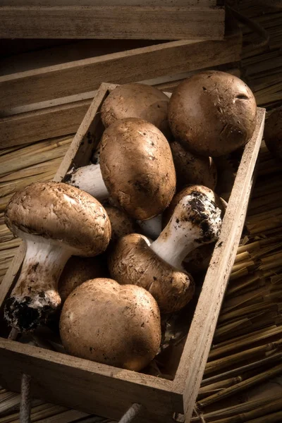 Pink Paris mushrooms in a crate, on a straw background