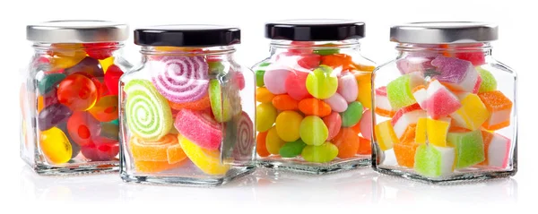 Kleurrijke Snoepjes Glazen Potten Witte Achtergrond Webbanner Met Voedsel Concept — Stockfoto