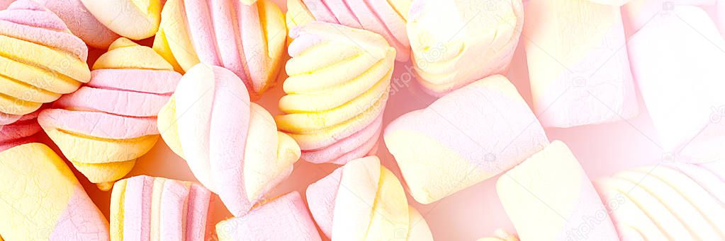 closeup of colorful candies on white background - Web banner with food concept