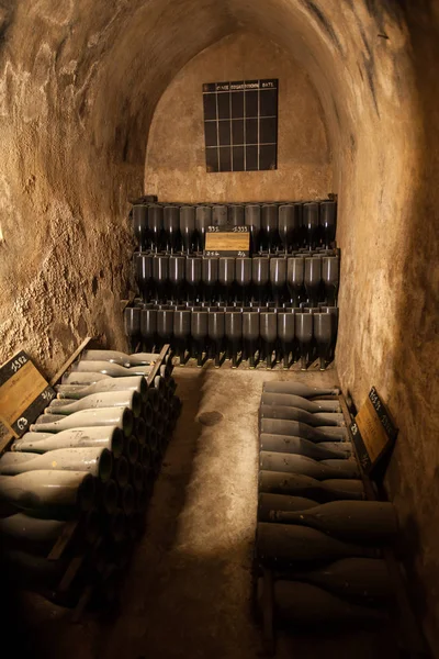 Interior da adega com garrafas de garrafas velhas de champanhe — Fotografia de Stock