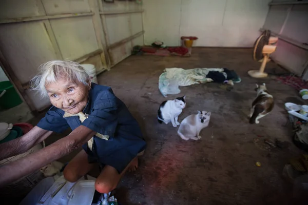 En gammal kvinna som bor ensam med sina katter i den Klong Toey slummen i Bangkok — Stockfoto