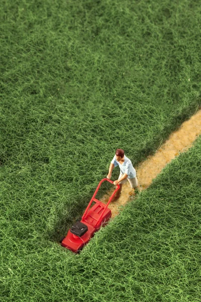 Миниатюрные люди: мужчина стрижет газон . — стоковое фото