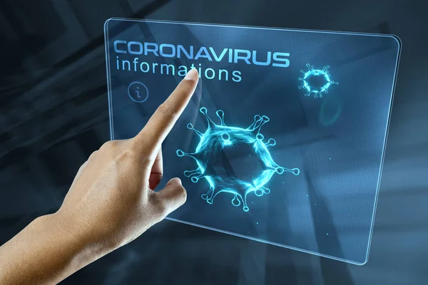 Een Vrouw Vinger Klik Informatie Het Corona Virus Een Digitaal — Stockfoto